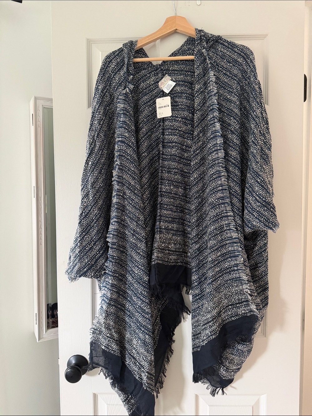 NWT Free People Navy and Cream Knit Hooded Ruana